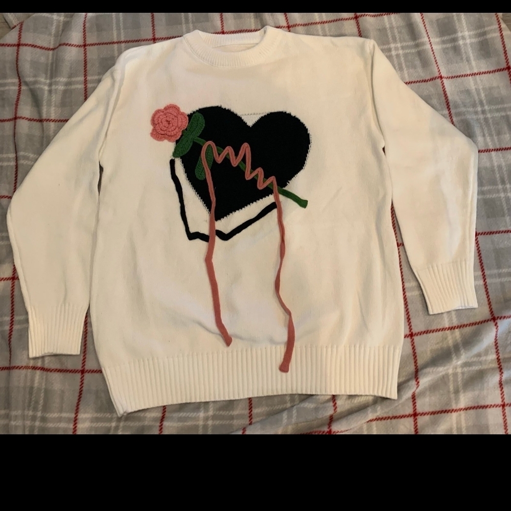 A Classy Chic Boutique White Sweater with Heart and Rose Design